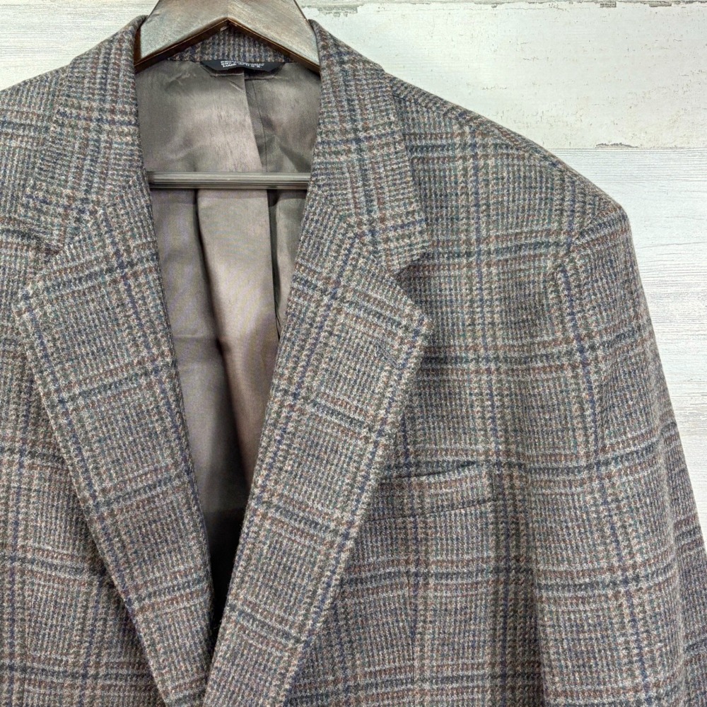 Stuart Hughes Mens 46R Plaid Sport Coat Blazer Brown Glen Check Made in USA 46 R